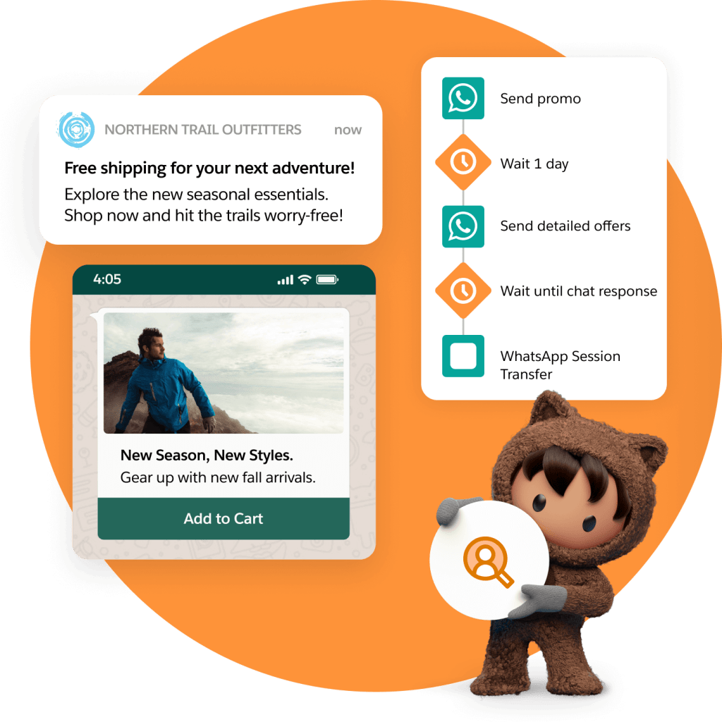 Astro standing alongside a personalized push notification, SMS message, and a journey builder dashboard.