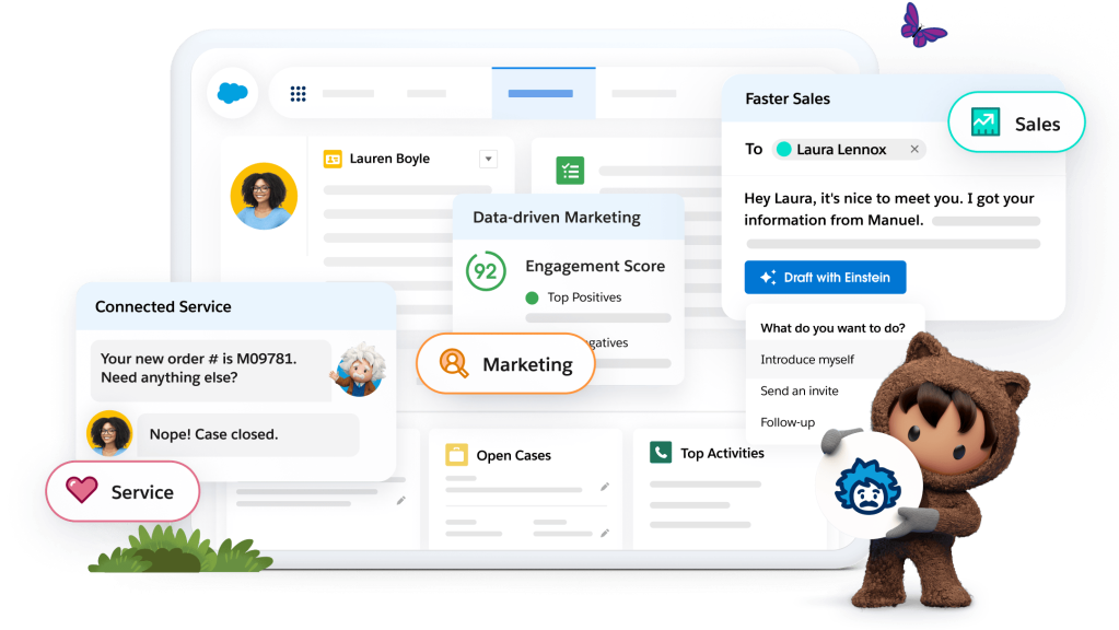 Image of multiple screenshots featuring sales, marketing, service, and Astro with Einstein.