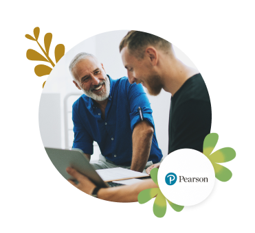 Two people staring at a laptop and smiling next to the Pearson logo.