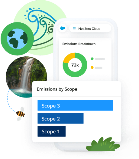 Emissions dashboard on cell phone screen with earth illustration