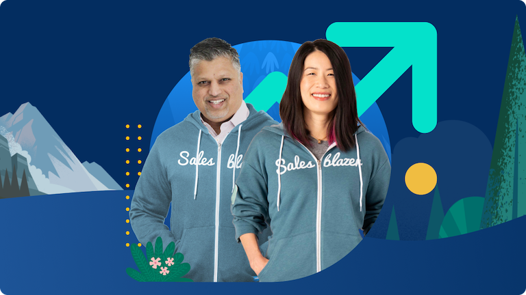 Two sales professionals with a background of teal arrow pointing up