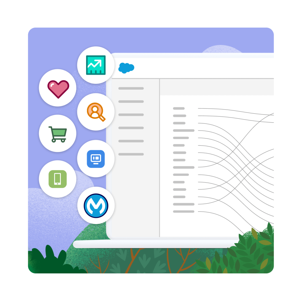 Sales, Service, Commerce, and Marketing Cloud logos