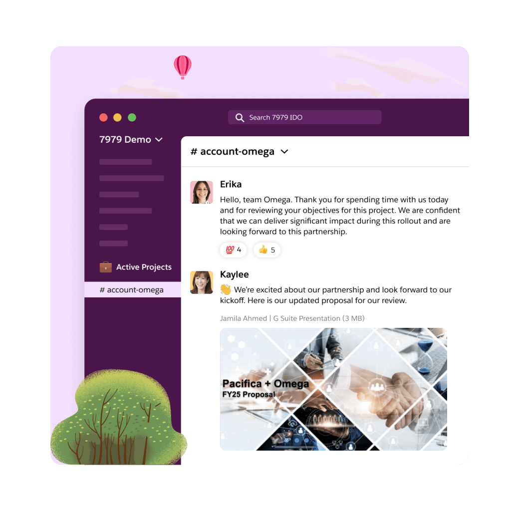 A Slack interaction highlighting personalised tools and self-service capabilities of the Salesforce tool.