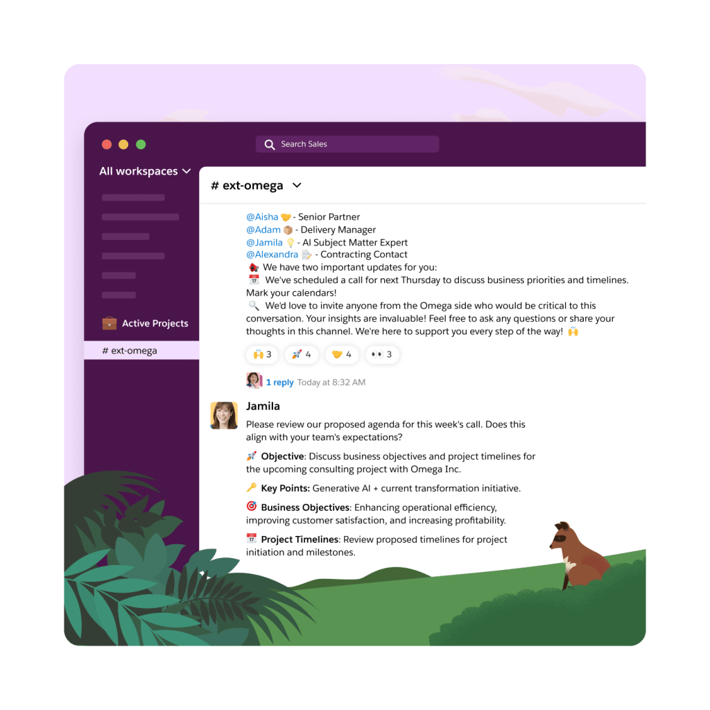 A Slack interaction outlining the objectives and agenda for the next meeting.