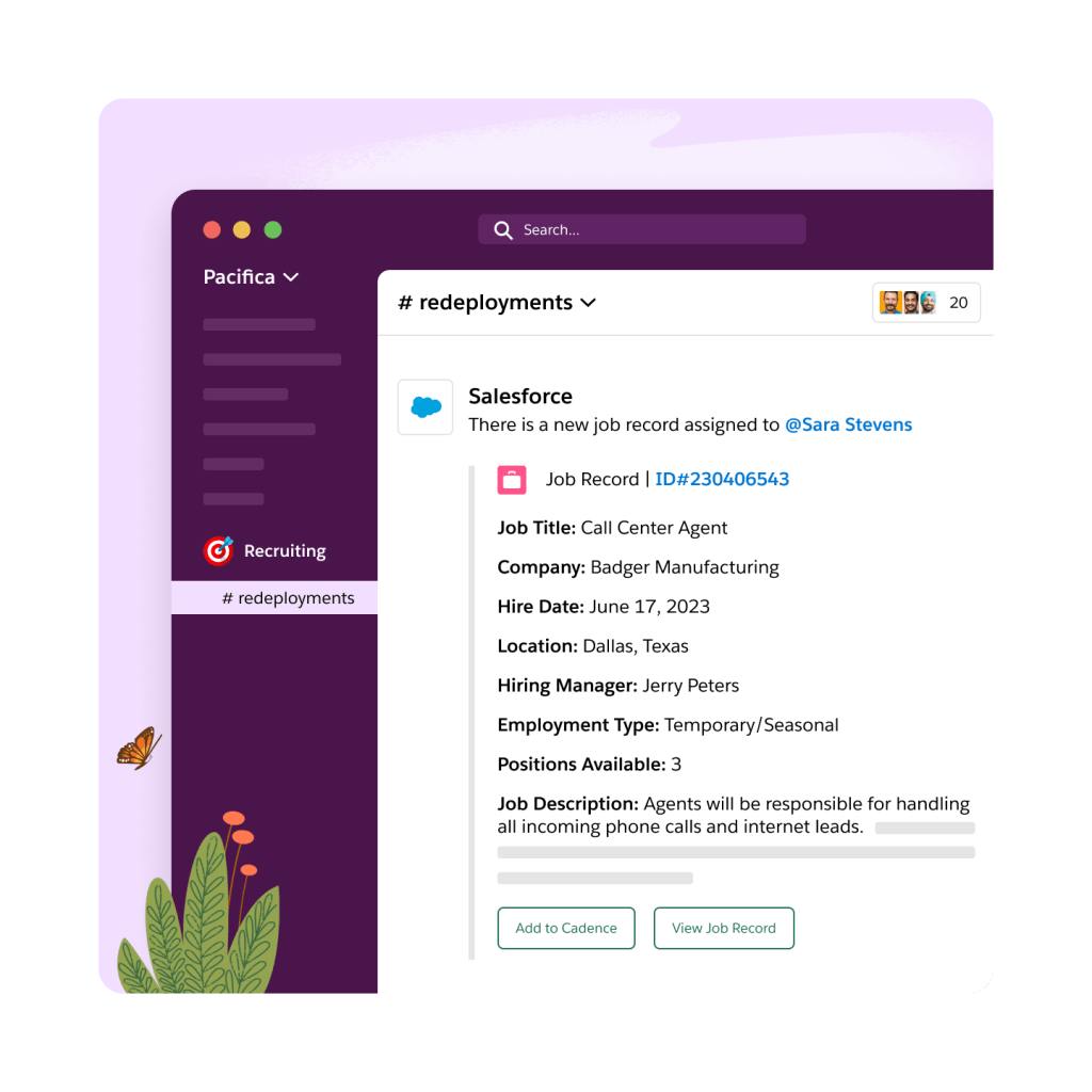 A Salesforce bot assigning a new job record on Slack..
