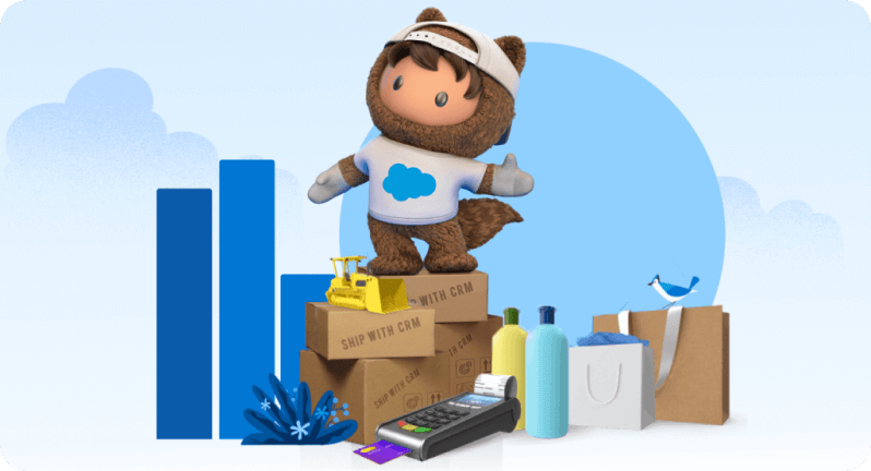 Salesforce astro standing on shipping boxes.