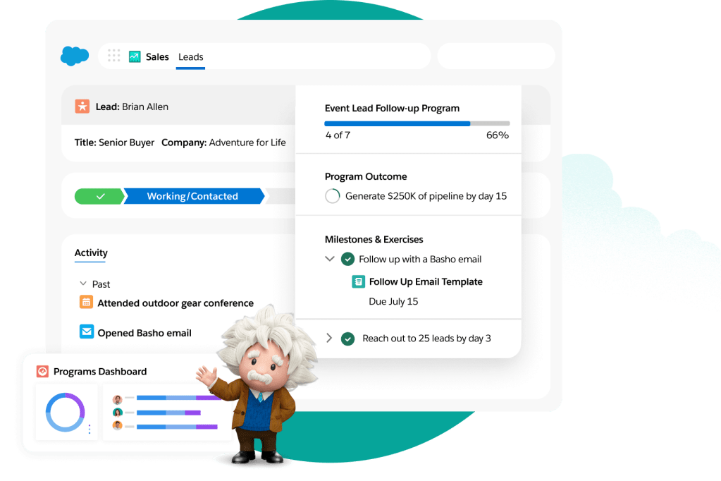 A sales lead dashboard shows the activity and progress of a lead with pop-outs for follow-ups and a programs dashboard.