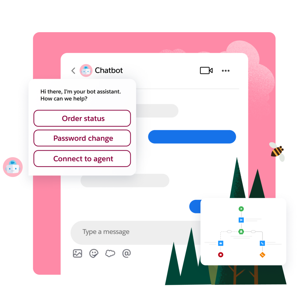 A bot asks the user if they need help with order status, password change, to connect to an agent, or type a message.