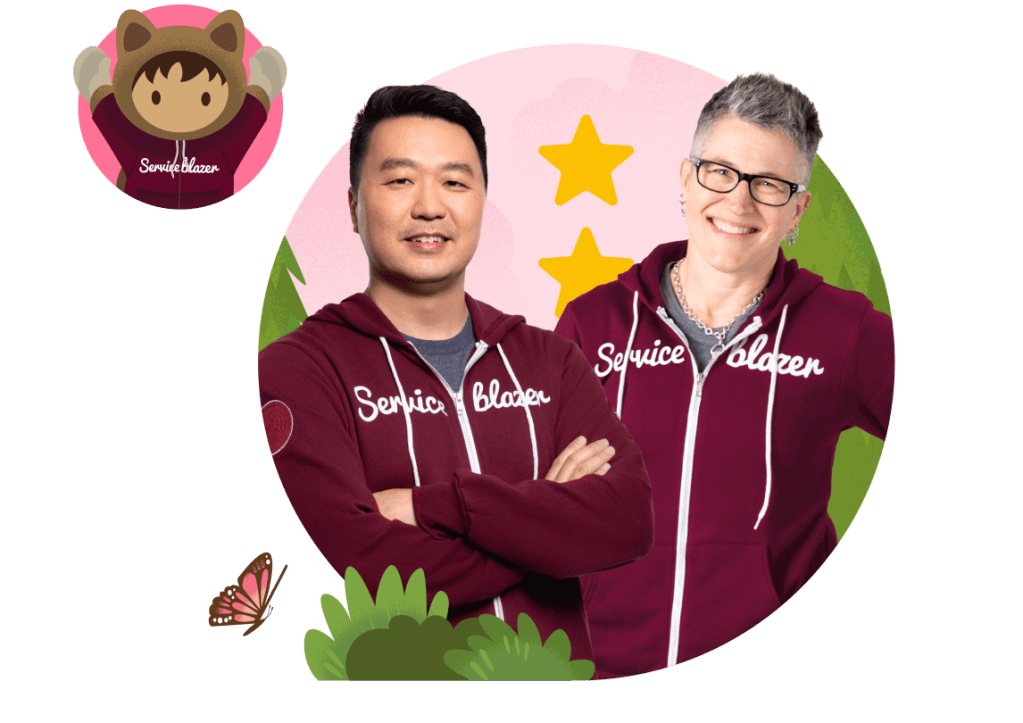 Two Serviceblazers in purple sweatshirts, smiling, and standing next to Salesforce mascot Astro.