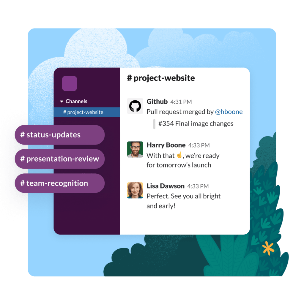 Slack messages show how Github shares information automatically as two employees message about a meeting.