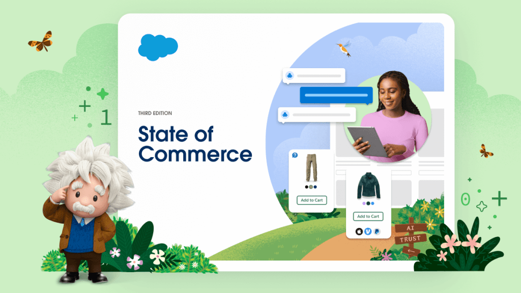 Illustrated cover of the State of Commerce report, contains a person with brown hair holding a tablet device and a stylized customer profile.