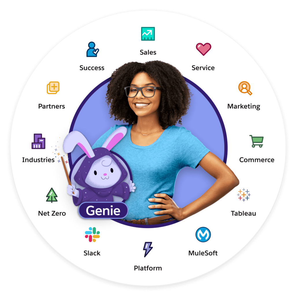 A circle featuring all of the core Customer 360 products surrounding a Salesforce customer.
