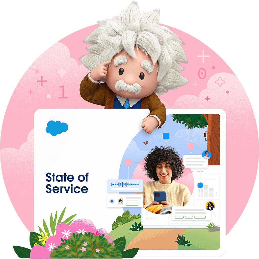 Salesforce Einstein mascot standing in front of the State of Service report which contains contact center AI insights. 