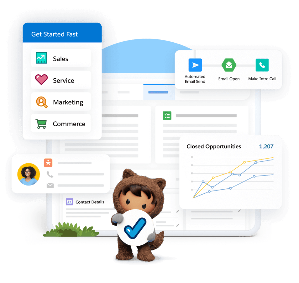 Astro mascot with a blue checkmark symbol in hands and different sections of the Salesforce CRM interface in the background.