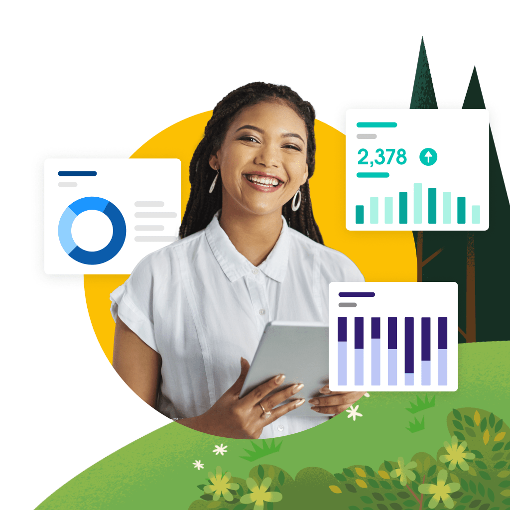 A woman with various illustrations of graphs and statistics 