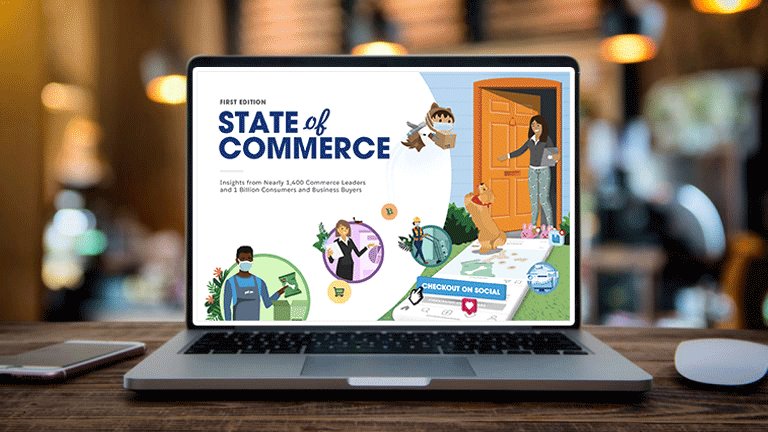 Open laptop with the 1st page of the 'State of Commerce' pdf.
