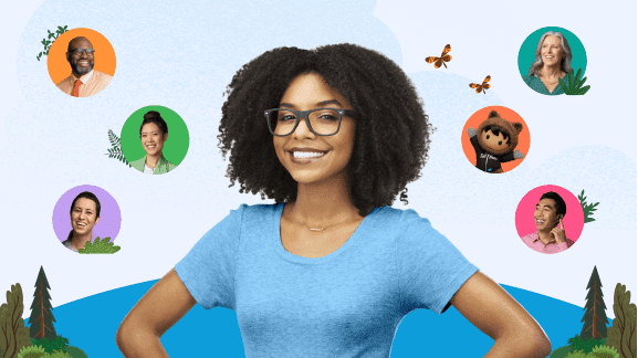 A woman surrounded by Salesforce's logos.