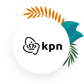 A circle containing the KPN logo, with green leaves and orange flowers placed behind.