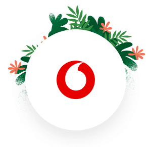 A circle containing the Vodafone Business logo, with green leaves and orange flowers placed behind.