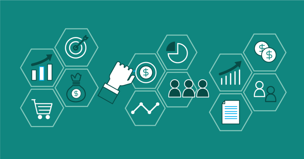Illustration featuring icon representation of the different steps and parts of revenue recognition